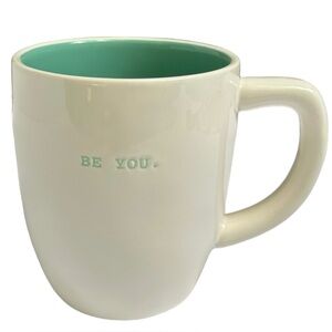 Rae Dunn BE YOU Mug Coffee Tea White with Teal Letters and Interior Dimples 2017
